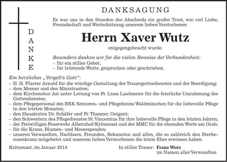 Traueranzeige Xaver Wutz