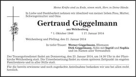 Traueranzeige Gertraud Göggelmann