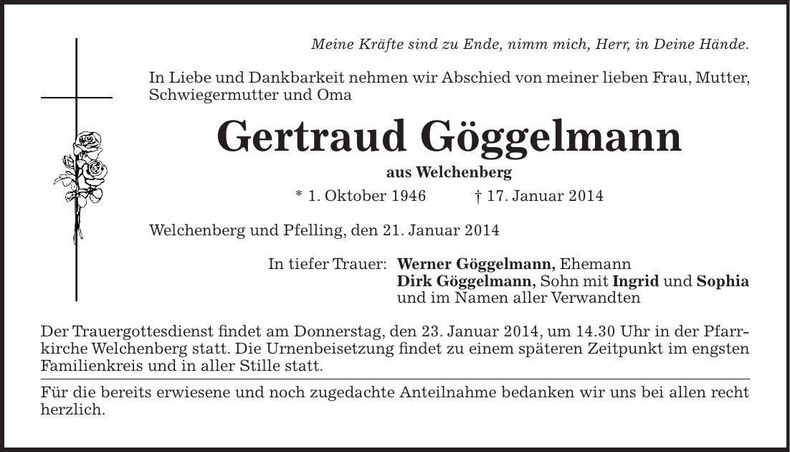 Traueranzeige Gertraud Göggelmann