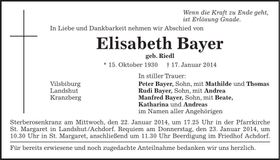 Traueranzeige Elisabeth Bayer