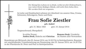 Traueranzeige Sofie Ziestler