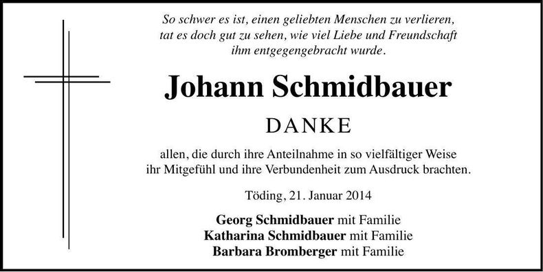 Traueranzeige Johann Schmidbauer