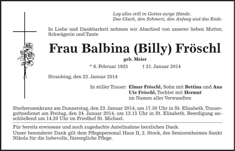 Traueranzeige Balbina Fröschl