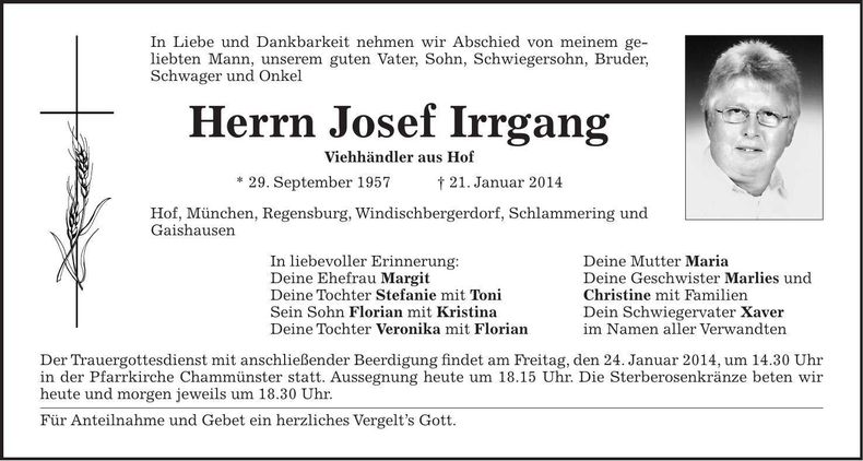Traueranzeige Josef Irrgang
