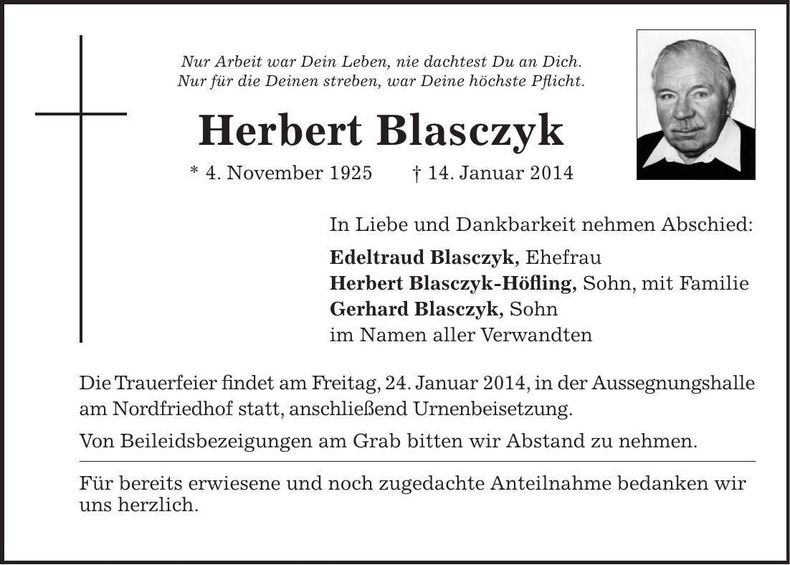 Traueranzeige Herbert Blassczyk