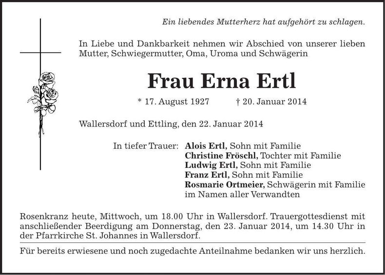 Traueranzeige Erna Ertl