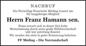 Traueranzeige Franz sen. Hamann