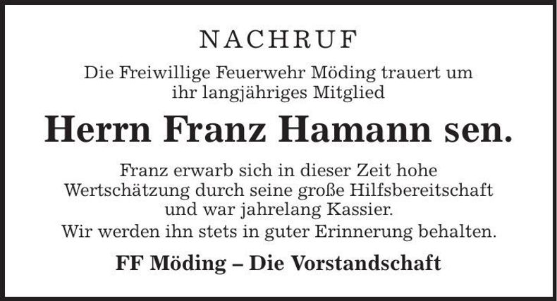 Traueranzeige Franz sen. Hamann