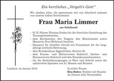 Traueranzeige Maria Limmer