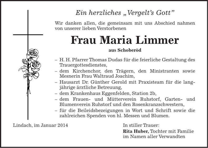 Traueranzeige Maria Limmer