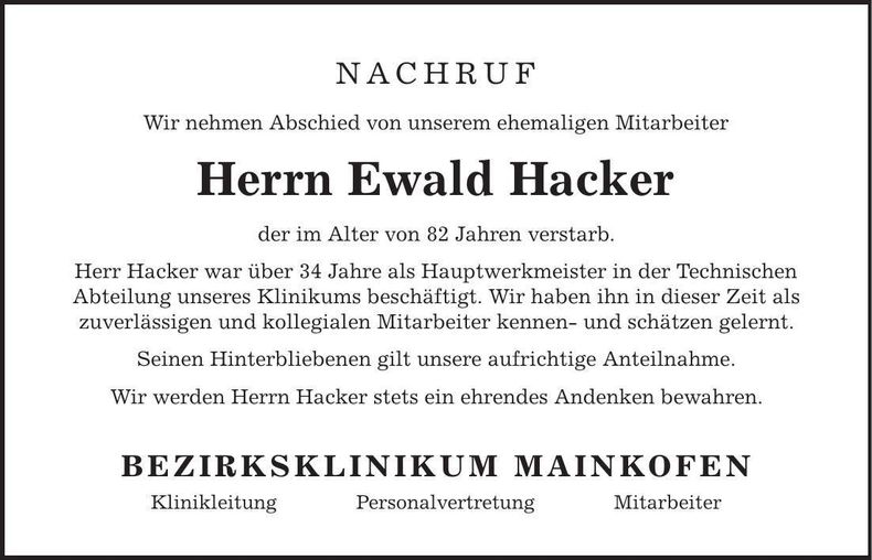 Traueranzeige Ewald Hacker
