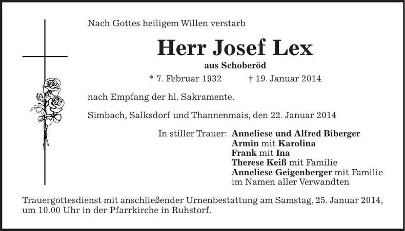 Traueranzeige Josef Lex