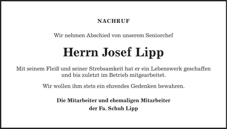 Traueranzeige Josef Lipp
