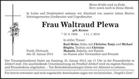 Traueranzeige Hildegard Plewa