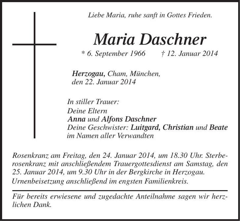 Traueranzeige Maria Daschner
