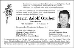 Traueranzeige Adolf Gruber