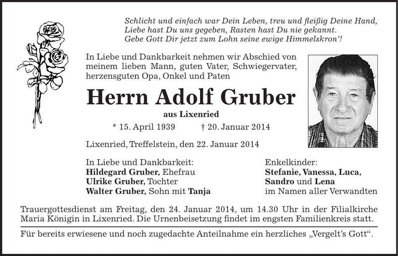 Traueranzeige Adolf Gruber