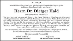 Traueranzeige Haid Dietger