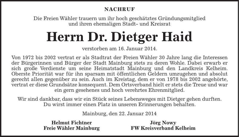 Traueranzeige Haid Dietger