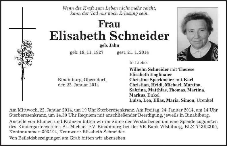 Traueranzeige Elisabeth Schneider