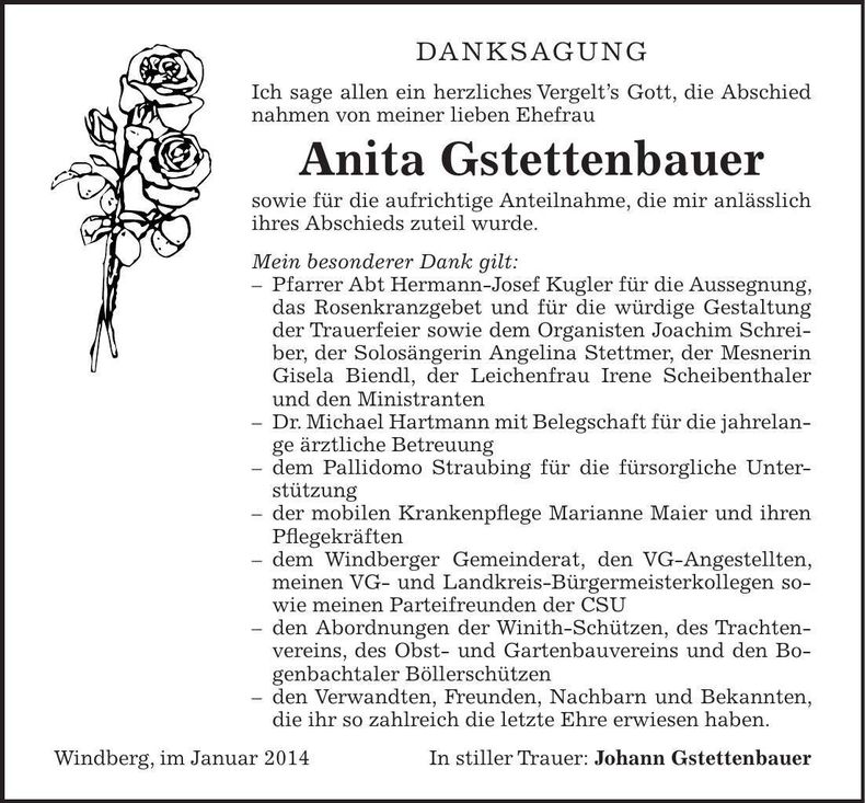 Traueranzeige Anita Gstettenbauer