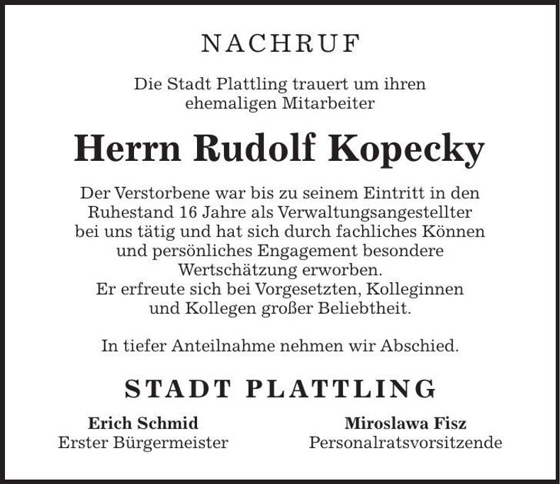 Traueranzeige Rudolf Kopecky