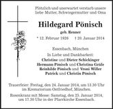 Traueranzeige Hildegard Pönisch