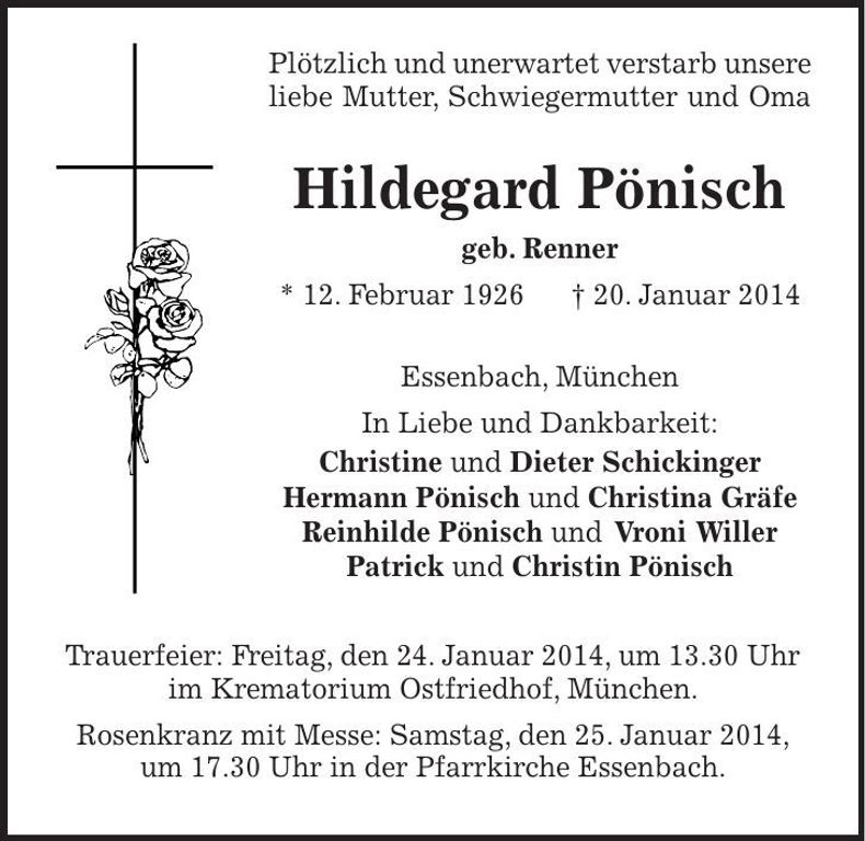 Traueranzeige Hildegard Pönisch