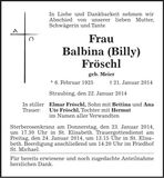Traueranzeige Balbina Fröschl