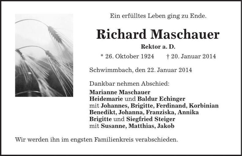 Traueranzeige Richard Maschauer