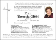 Traueranzeige Theresia Glöbl