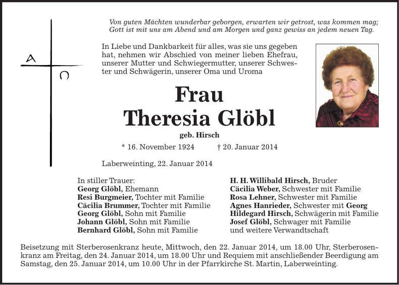 Traueranzeige Theresia Glöbl