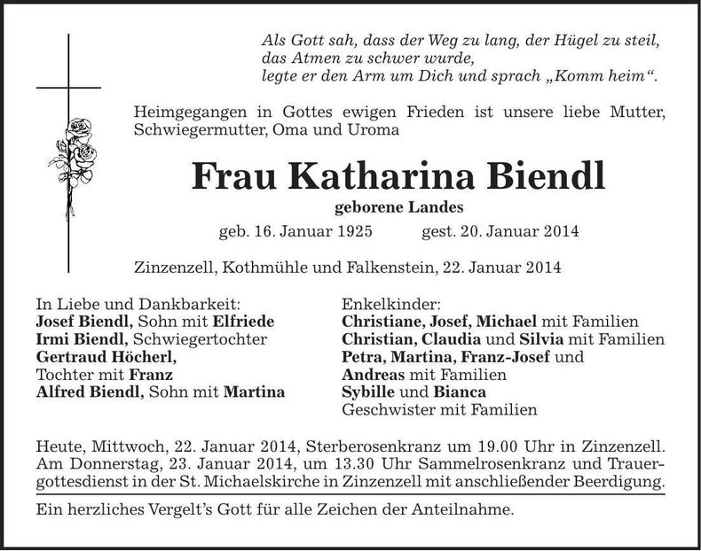 Traueranzeige Katharina Biendl