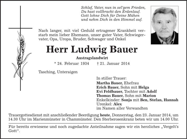 Traueranzeige Ludwig Bauer