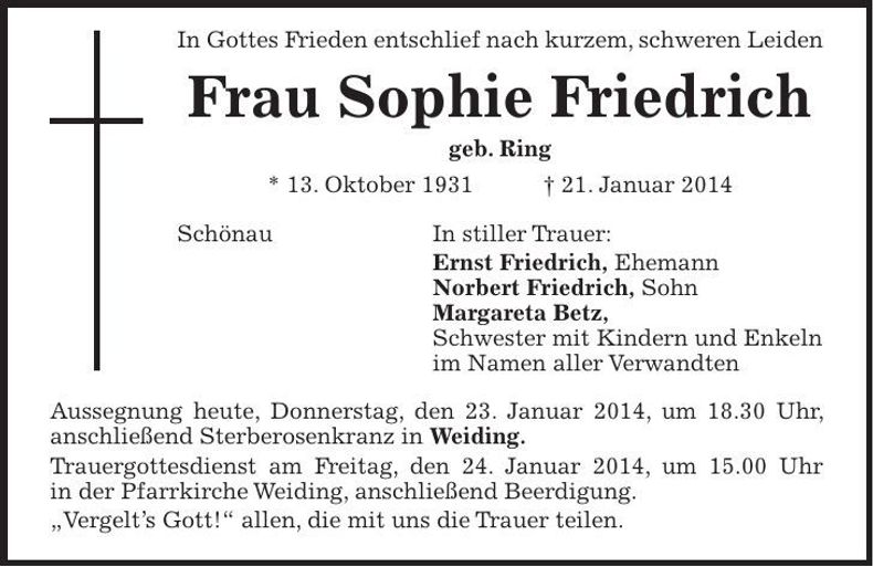 Traueranzeige Sophie Friedrich