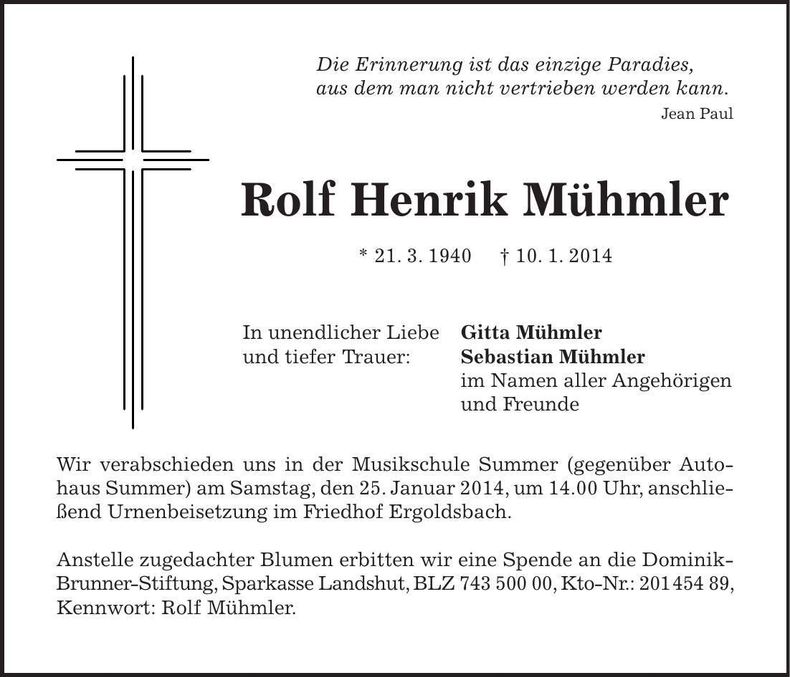 Traueranzeige Rolf Henrik Mühmler