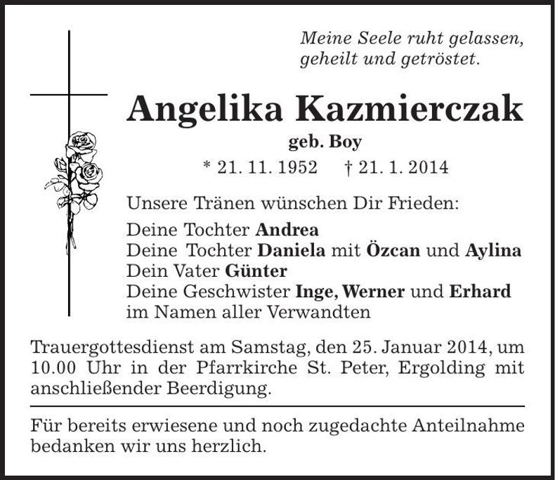 Traueranzeige Angelika Kazmierczak