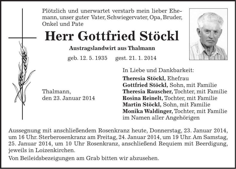 Traueranzeige Gottfried Stöckl