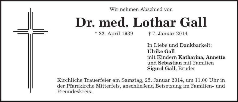 Traueranzeige Lothar Gall