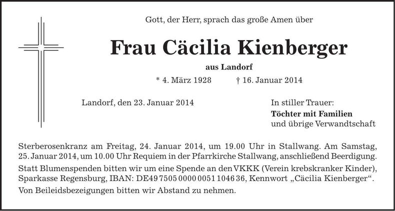 Traueranzeige Cäcilia Kienberger
