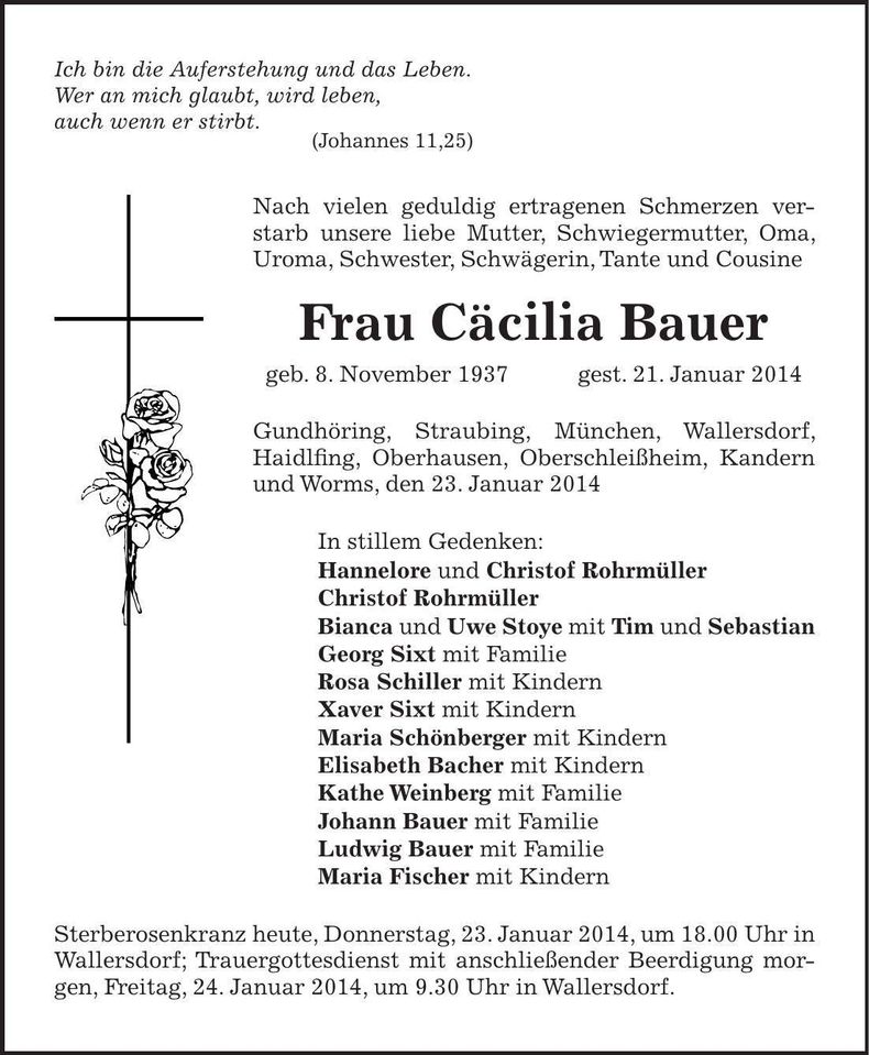 Traueranzeige Cäcilia Bauer