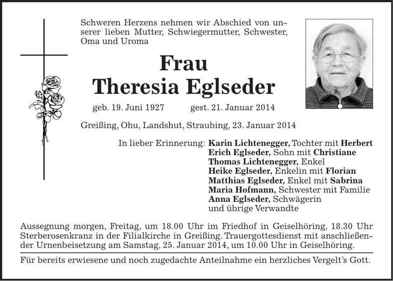 Traueranzeige Theresia Eglseder