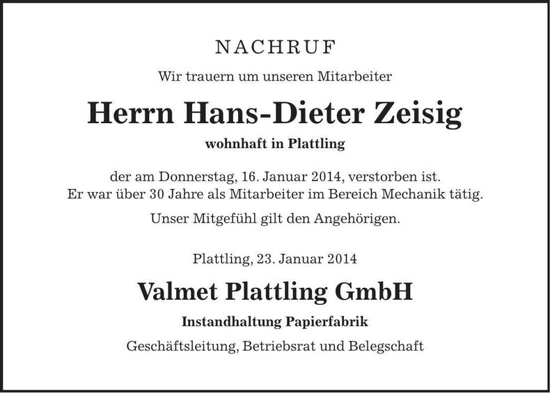 Traueranzeige Hans-Dieter Zeisig