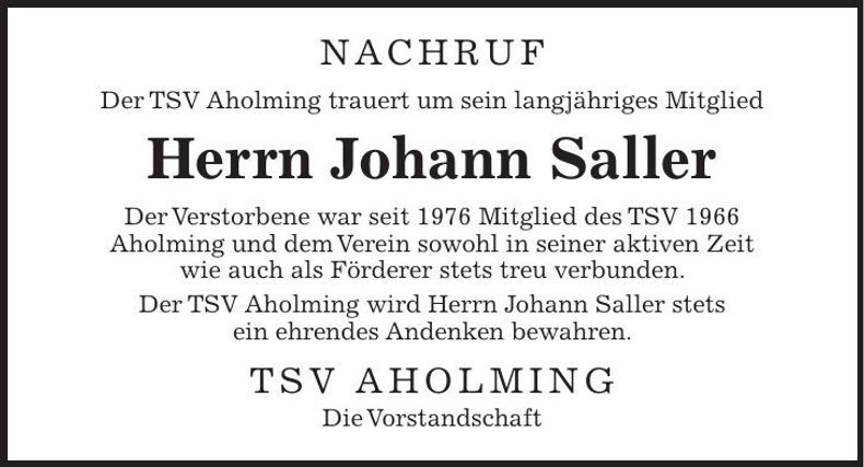 Traueranzeige Johann Saller