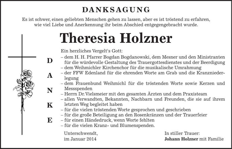 Traueranzeige Theresia Holzner