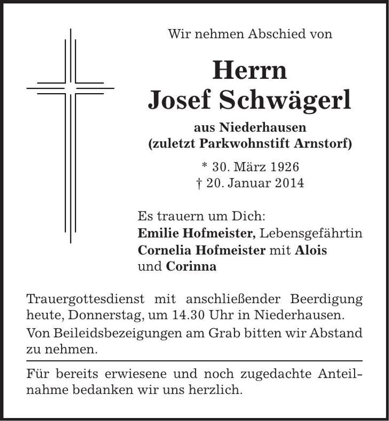 Traueranzeige Josef Schwägerl