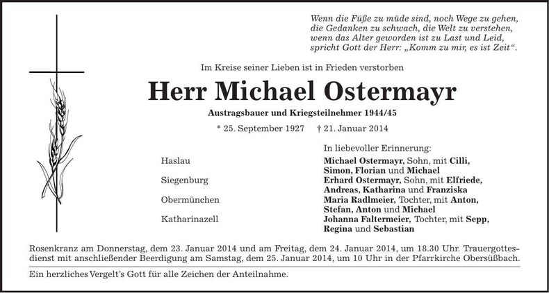Traueranzeige Michael Ostermayr