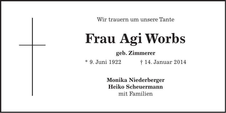 Traueranzeige Agi Worbs