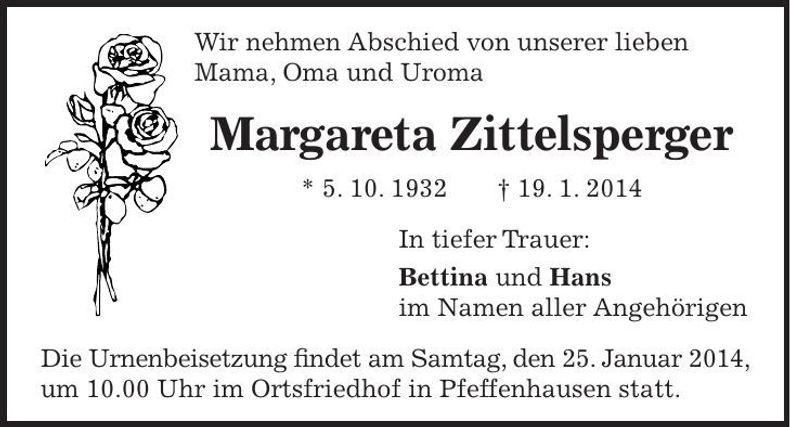 Traueranzeige Margareta Zittelsperger