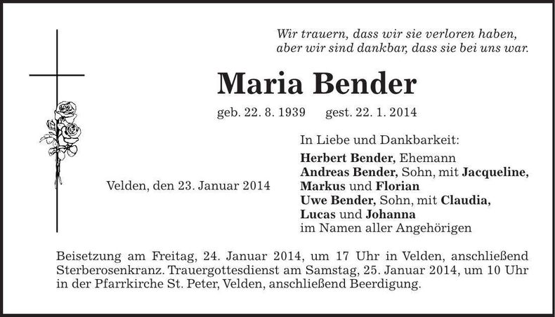 Traueranzeige Maria Bender